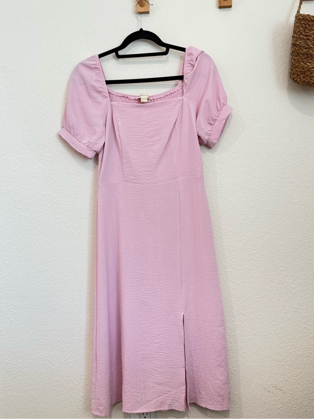 Monteau Light Pink Square-Neck Midi Dress with Puff Sleeves
